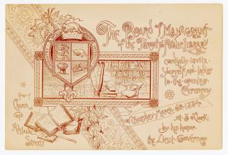 Illustration of maple leaves, Toronto coat of arms, and a library interior with arm chair and t ...