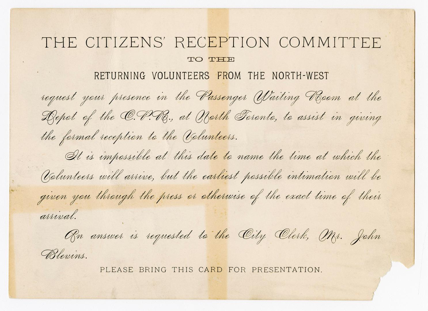 The Citizens' Reception Committee to the returning volunteers from the North-West
