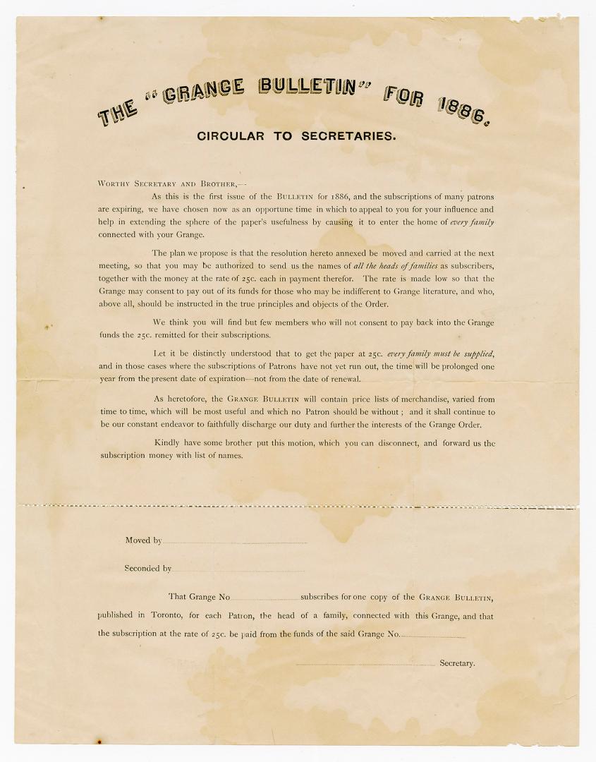 [Form] The ''Grange Bulletin'' for 1886 : circular to secretaries
