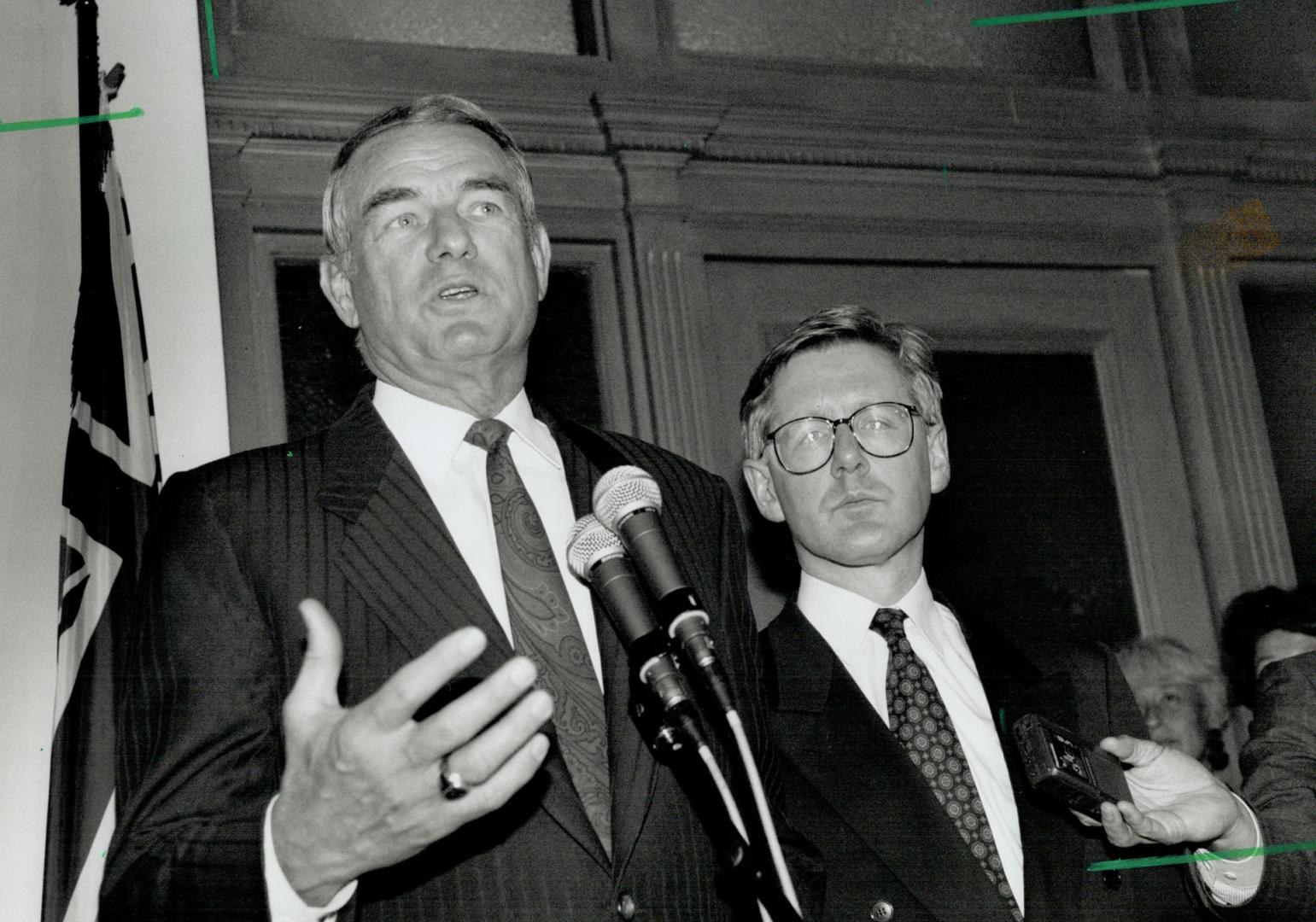 Premiers meet: Alberta Premier Don Getty, left and Ontario Premier Bob Rae talk to reporters after their meeting at Queen's Park yesterday