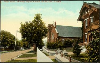 West Street, showing Baptist Church, Orillia, Ontario, Canada