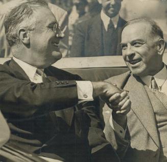 Photo of President Roosevelt and Prime Miniter Mackenzie King shaking hands was taken during the presidnet's visit to Canada last year [Incomplete]