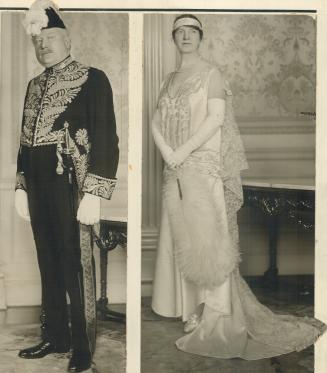 Mrs. Ross Wears Gown in which she was presented at court of St. James. The photographs here show His Honor, W. D. Ross, lieutenant-governor of Ontario(...)