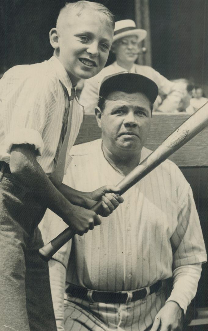 Big moment for Douglas Campbell of Toronto was this meeting in the New York Yankees' dugout in 1934 when his idol posed with him and let him try out famed bat