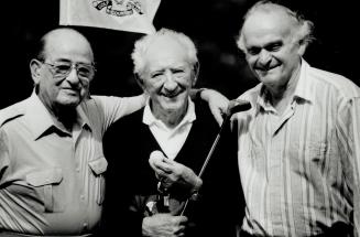 Max Sharp (centre) - who took up golf at the age of 70 - got a hole-in-one yesterday at the Oakdale Golf and Country Club. The feat was witnessed by buddies Samuel Sable, left, and Gilbert Goodman