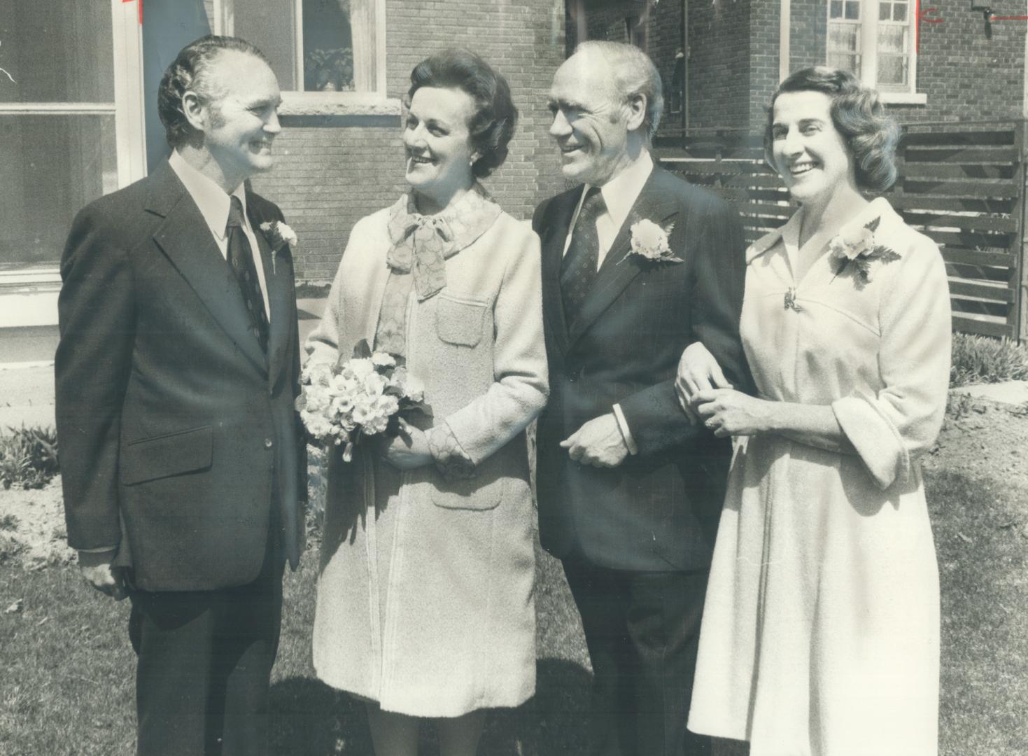On honeymoon in Mexico. After their wedding in Toronto yesterday, Privy Council president Mitchell Sharp (second from right), 64, and Jeanette Dugal ((...)