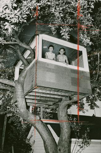 Two girls look down from window opening in wood treehouse.
