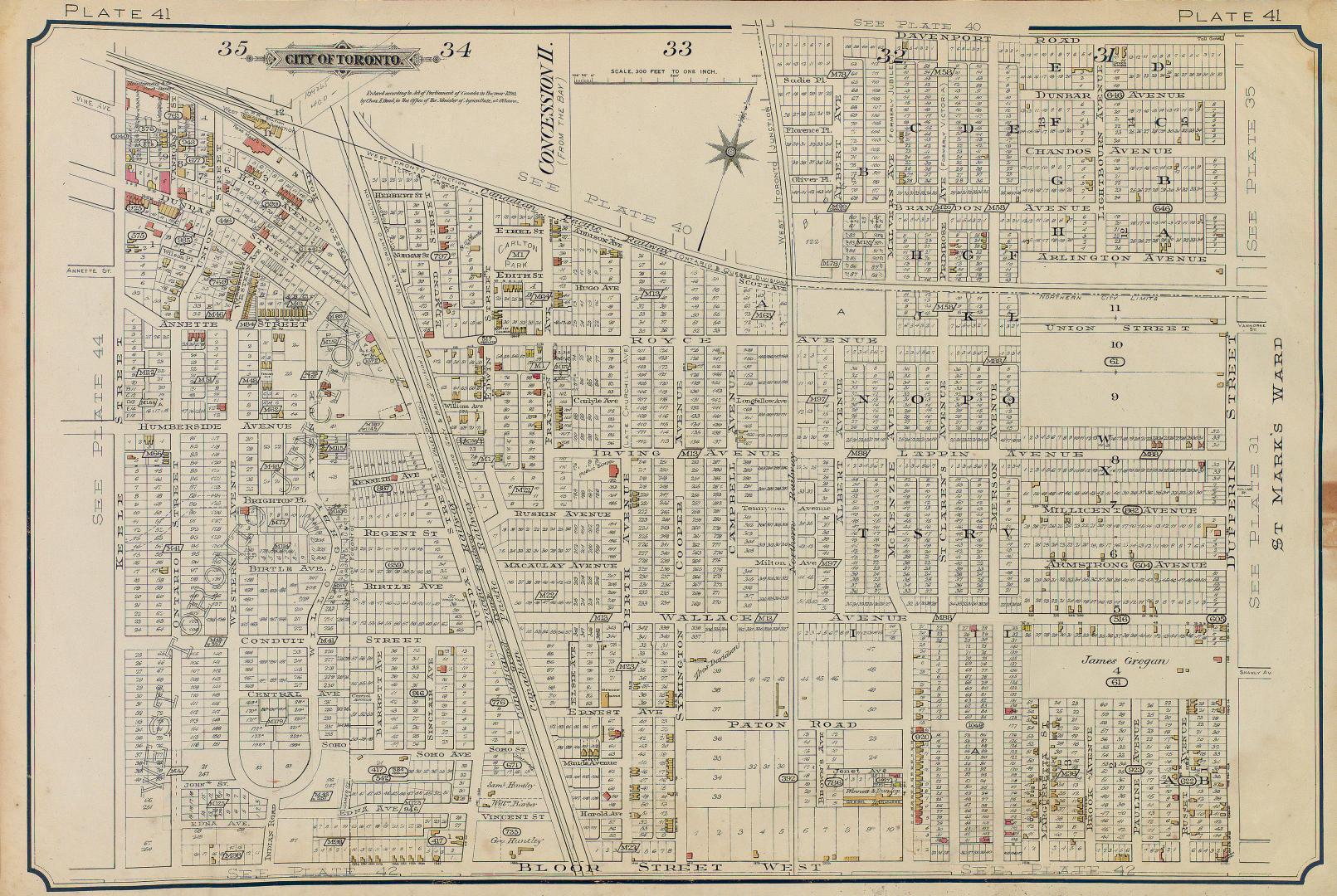 Atlas of the city of Toronto and vicinity from special survey founded on registered plans and showing all building and lot numbers.