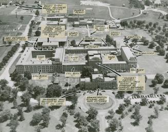 Biggest riot in Ontario penal history, the week-en outbreak at the Ontario reformatory, Guelph, shown in this airphoto, caused damage estimated up to $1,000,000 as the institution was left in partial ruins
