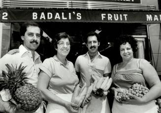 Family affair: For Leo Badali, owner of a fruit-and-vegetable store on Bayview Ave., business is a family affair. 'We were brought up in the store, and we've always enjoyed it,' says son Domenic, pictured (left to right) with Sal, Vicki and Lena.