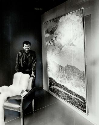 Glamorous display: Interior designer Stephen Bailey shows off one of his acrylic and glitter paintings on display in Creeds windows.