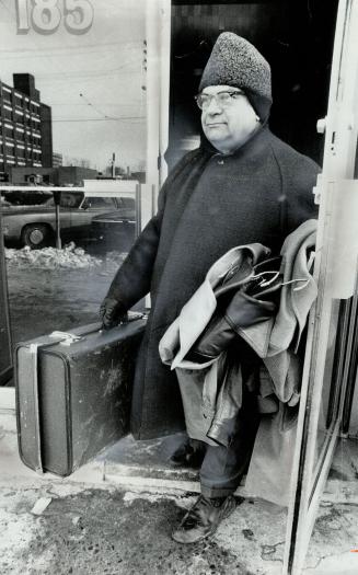 George Beer, 69, shows how today's hard-working commission salesman sets out laden with samples for his day's work. Beer has been working 22 years to form the Ontario Federation of Commission Agents. With 400 members, it has one goal for all: guaranteed commissions for its enterprising members.