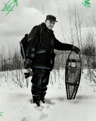 Veteran snowshoer: Ralph Bice of Kearney, who has been a snowshoer for 75 of his 81 years, says rawhide from white cows is more durable than rawhide from red cows.