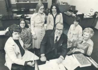 Canada's biggest service in booming temporary-help field is Office Overload Ltd. Clare Copeland, president, is shown in Toronto headquarters, ringed by employees (left to right) Lois Young, Laura Smith, Debi Perkins, Gayle Farnes, Janice Chivers-Wilson and Helen Wood. In an ironic switch, Laura Smith came in to look for a temporary job and wound up with permanent job-working full-time for Office Overload.