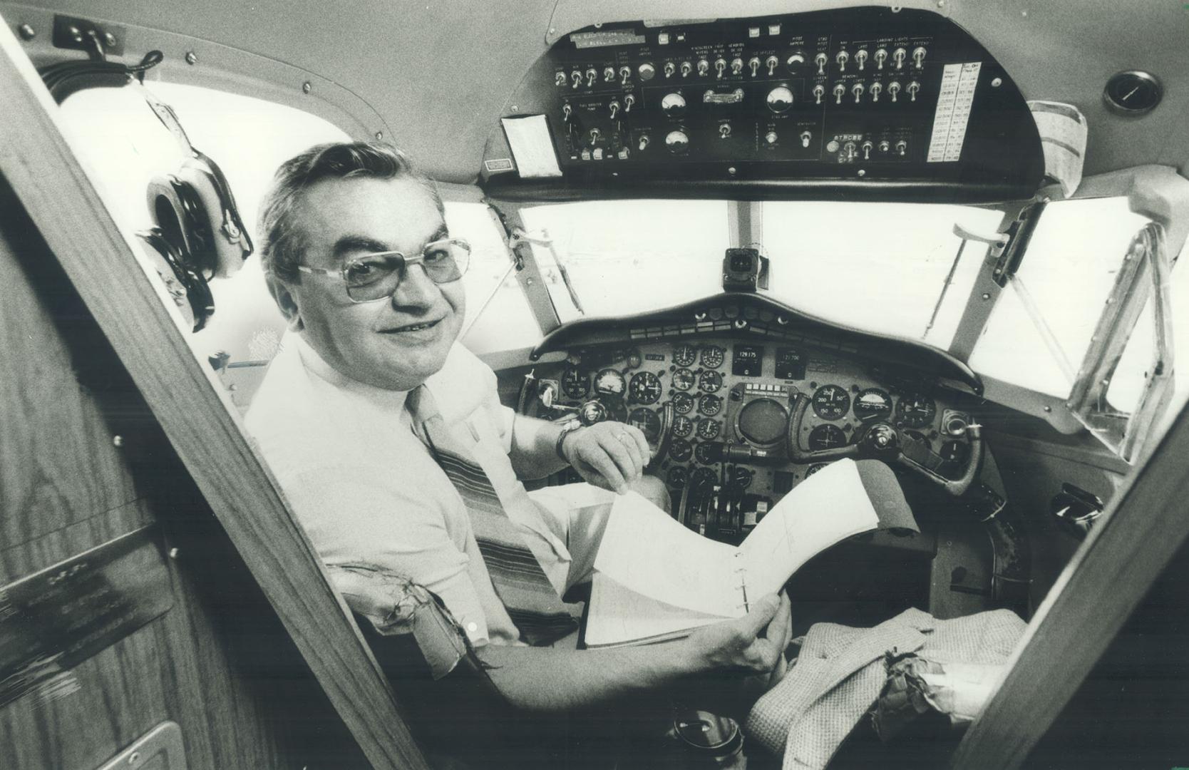 His weapon's the Dash-8: Air Atonabee president Joe Csumrik of Peterborough is staking $30 million on the 2-engined, 36-passenger de Havilland Dash 8, to gain the lion's share of the Toronto Ottawa-Montreal business passenger trade. John Gilmore of Montreal is betting $35 million on the Dash 7. It'll be no contest, says Csumrik, above, in the cockpit of his firm's plane.