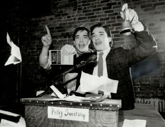 On your mark: Twins John and Jim Cobum, get ready to kick off another Poetry Sweatshop at The Rivoli on Queen St. W. Wednesday will be the sweatshop's first anniversary and celebrations include special prizes for winners.