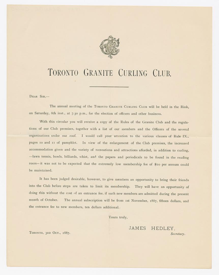 [Circular] : the annual meeting of the Toronto Granite Curling Club will be held in the rink, on Saturday, 8th inst. at 7.30 p.m., for the election of officers and other business