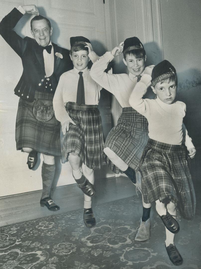 Highland fling danced by Confederation Life Insurance Co. president J. Craig Davidson, and three great-great-great grandsons of the company's founder, was highlight of a dinner last night making the firm's 100th birthday. From left, Davidson and David Latimer, age nine, and brother Jeffrey, eight, Michael, five.