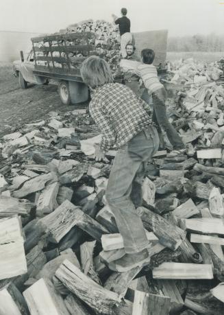 Evanoff family of North York loads wood for delivery, Sons John, 10, and Bob, 12, spend after-school hours helping their parents.