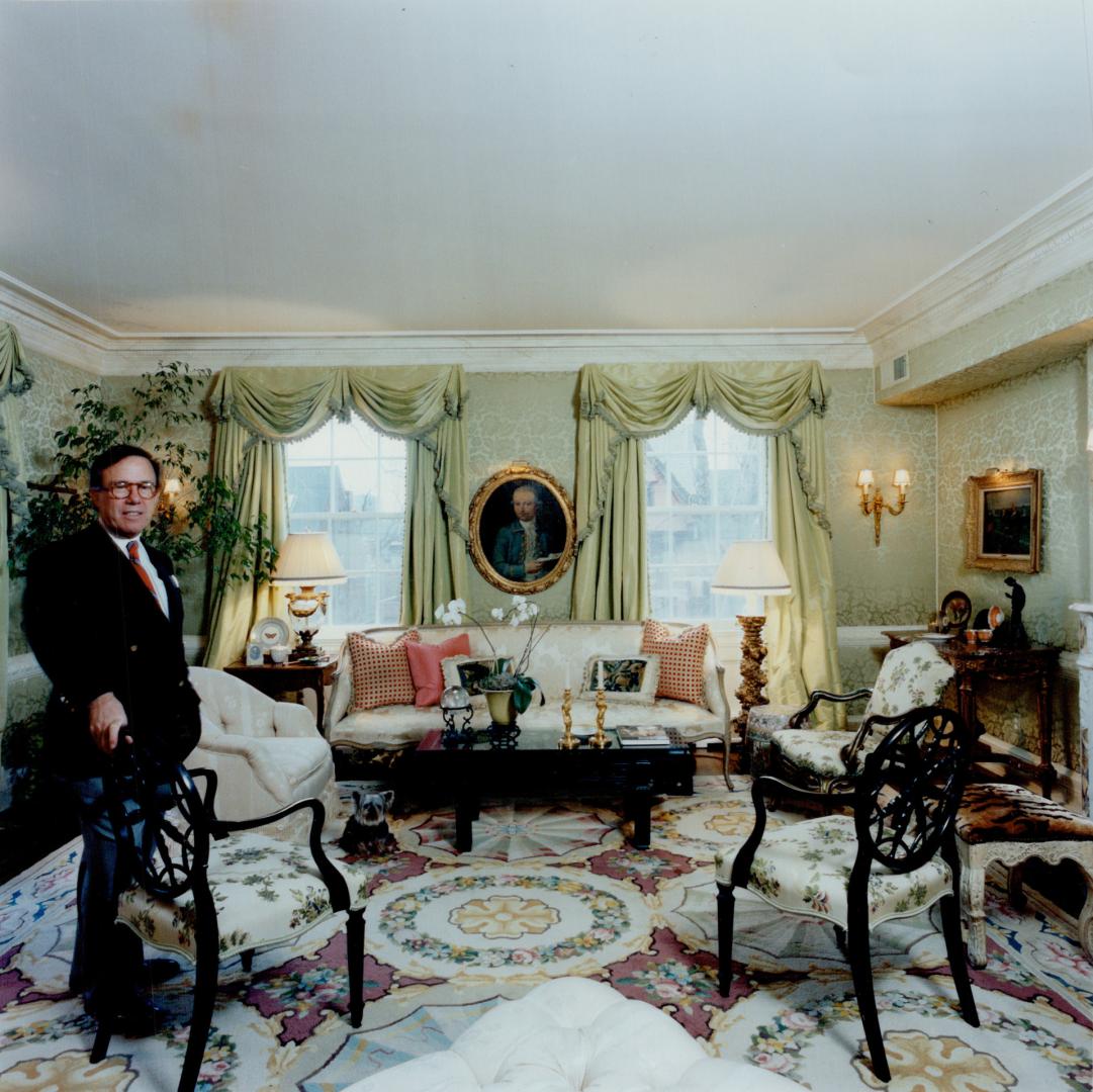 Traditional style: Robert Dirstein opts for elegance in his living room, mixing an English Hepplewhite setee with Venetian and Georgian chairs on a Savonnerie rug.