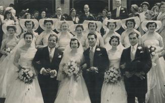 Ottawa's biggest wedding since the marriage of Lois Booth and Prince Erik of Denmakr was the triple wedding of the daughters of German Fernandez-Concha, Peruvian ambassador to Canada. Above, are the brides and grooms, and the nine bridgesmaids.