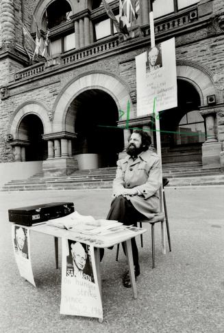 Thousands of kilometres away, outside Queen's Park in Toronto, former Soviet dissident Roman Fin, a cancer researcher, quietly dispalys signs and endures his own hunger strike to draw attention to Sakharov's plight. Fin, 42, who has lived here over three