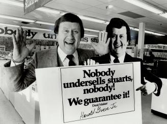 'I'm not by nature a ham' says Harold Grieve Jr. (that's him with cut-out likeness) but his two partners don't get to advertise Stuart's Furniture.