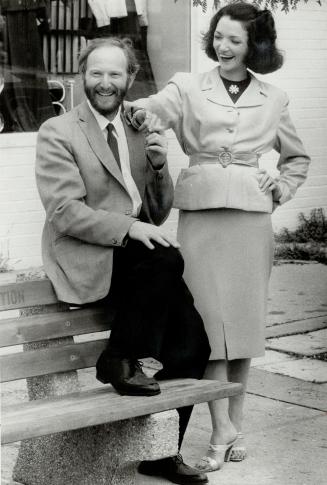 Vintage look: David Heifetz wears pleated trousers, skinny tie, sports jacket, Marie Viera shows off peplum jacket, slim skirt, blouse with rhinestone pin