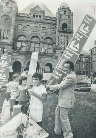 Seeking the seat for St. Andrews-St. Patrick riding, Liberal candidate Fred Kan set up a stand offering free lemondade outside Queen's Park yesterday