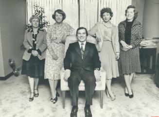 Management of the Westbury Hotel - four women, lanking Gunther Kaufmann, vice-president and general from left: Eileen Savage, sales manager, Ruth Graham, director of marketing and sales, Claudia Burt, hotel manger, and Shirley Jones, director of public relations