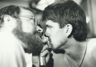 An eye for an eye: Never let it be said that Dr. Peter Lee and Maple Leafs' rightwinger Rick Vaive don't see eye to eye. The two got along quite well yesterday, when Vaive and the remainder of the Maple fuls took their medicals at the Gardens the ice for the first time today. [Incomplete]