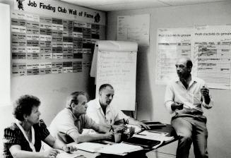 Martin Lanham, leader of the Job Finding Club, speaks to (from left) Rosie Hamersac, Bill Liddell and Cezar Kucharzewski in Etobicoke