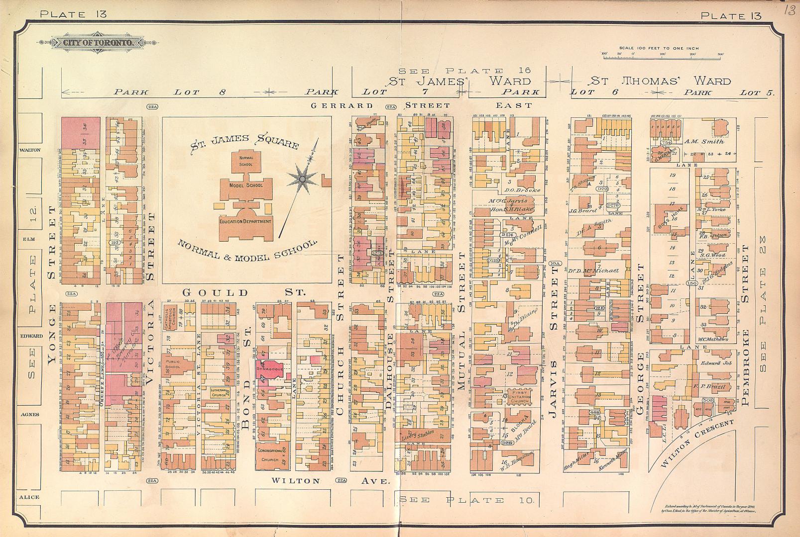 Atlas of the city of Toronto and vicinity from special survey founded on registered plans and showing all building and lot numbers.