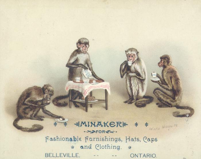 Humorous illustration of a group of baboons having a tea party 