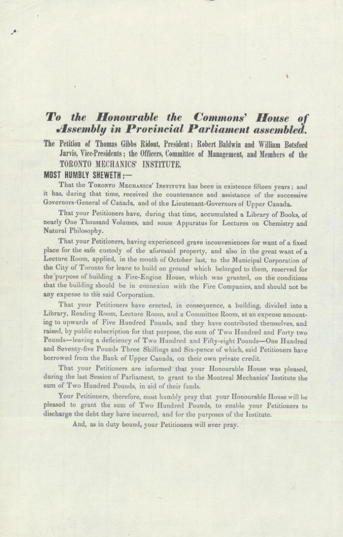 To the Honourable the Commons' House of Assembly in Provincial Parliament assembled.