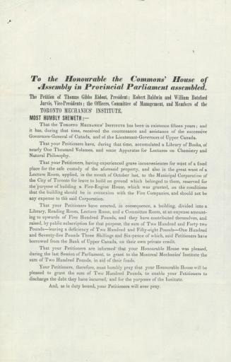 To the Honourable the Commons' House of Assembly in Provincial Parliament assembled.