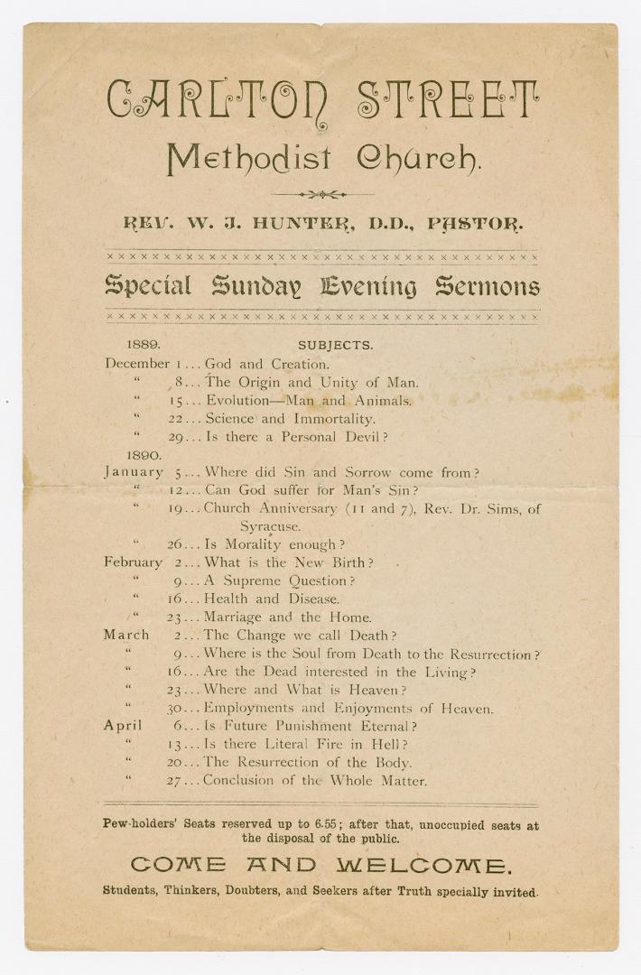 Carlton Street Methodist Church : Rev. W.J. Hunter, D.D., Pastor : special Sunday evening sermons