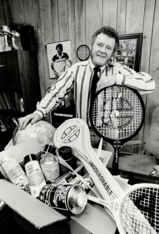 Super salesman: Scottish-born Ron Morton stands in his crowded quarters with some of the products he markets, including rust-proofing and insulating compounds, as well as squash rackets endorsed by world champion Jahangir Khan