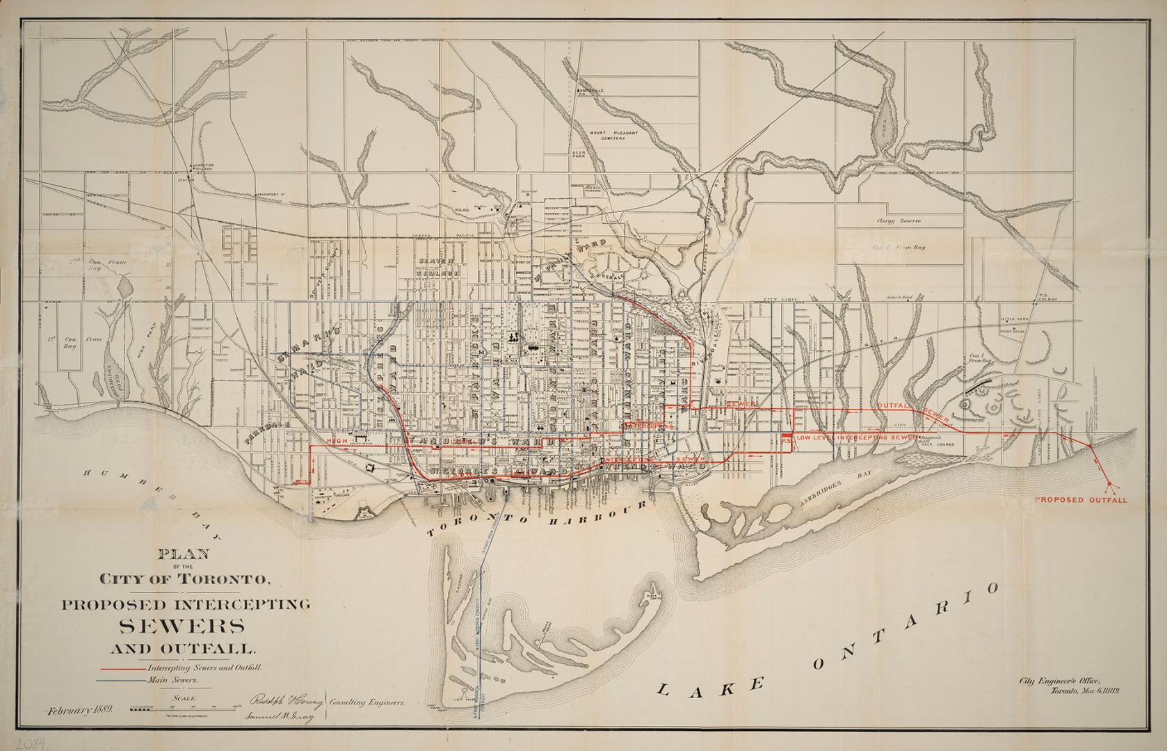 Plan of the city of Toronto, proposed intercepting sewers and outfall