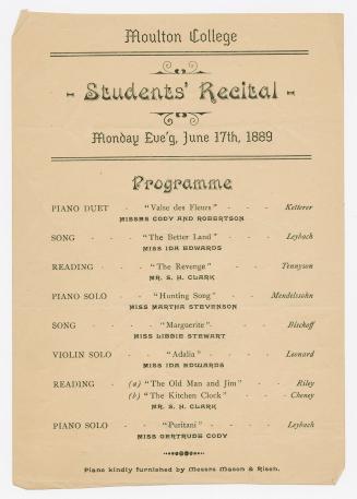 Moulton College students' recital : Monday eve'g, June 17th, 1889