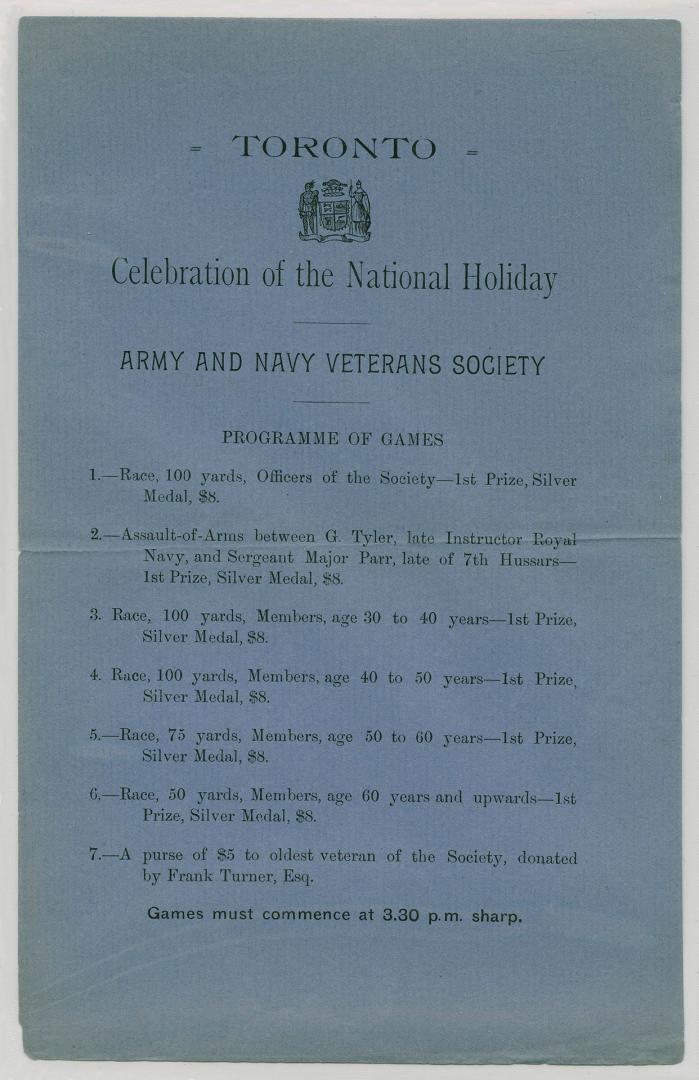 Toronto : celebration of the national holiday : Army and Navy Veterans Society : programme of games