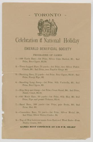 Toronto : celebration of the national holiday : Emerald Beneficial Society : programme of games