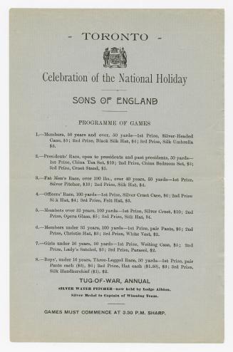 Toronto : celebration of the national holiday : Sons of England : programme of games