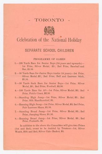 Toronto : celebration of the national holiday : separate school children : programme of games