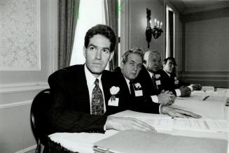 David Posluns (left), w/ Hubert Stitt, Wilfred Posluns middle of 3 men on right, Lionel Robins