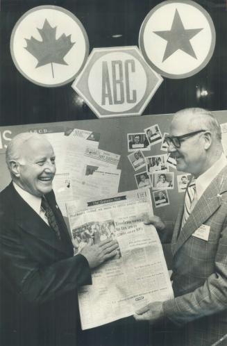 Circulation Audit Head, C. Warren Reynolds, Toronto advertising executive, left, congratulates Clinto Thompson, of New York, on his election as chairman of the Audit Bureau of Circulation