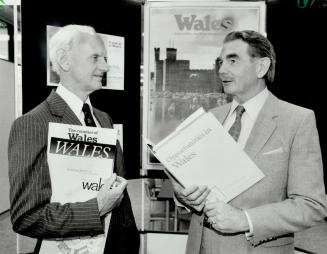 Drumming up business: Sir Idwal Pugh, chairman of the Development Corporation for Wales, left, and Meirion Lewis, director of the corporation, talk about the possibilities of Canaian investment in Wales, with its trade links with consumers in Europe