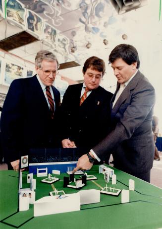 Scale model: Canada's Baseball Hall of Fame gets official welcome yesterday at Ontario Place, its new home, by Tourism minister John Eakins, left, Jays vice-president Paul Beeston and Bruce Prentice, the hall's president