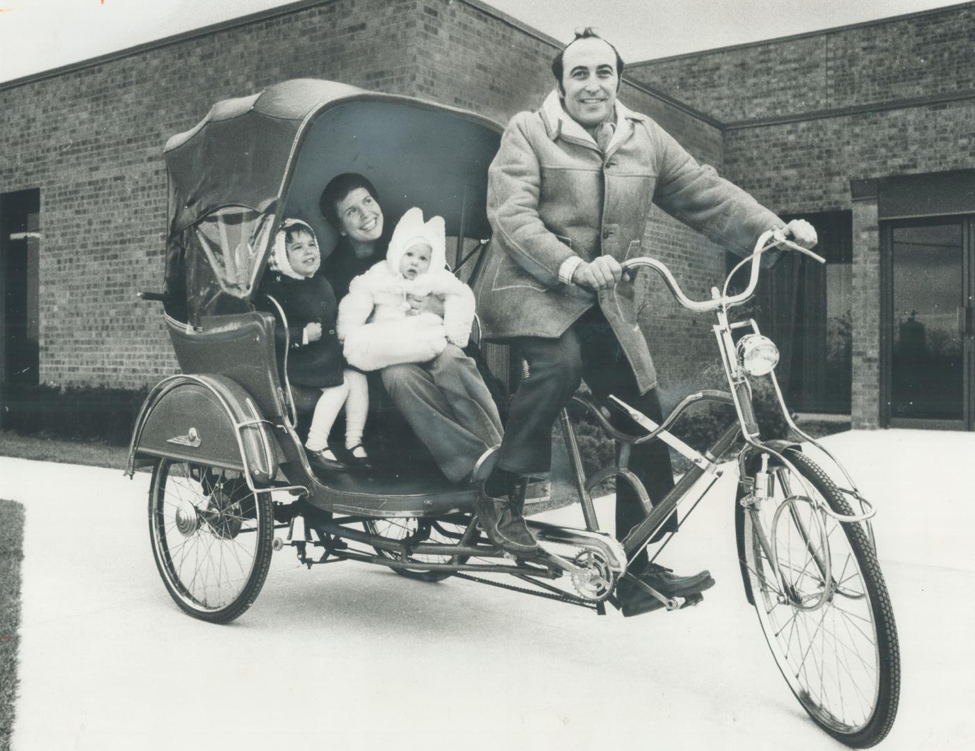 Is there a rickshaw in your future? The gasoline shortage doesn't bother Lorne Shields, a 30-year-old Downsview manufacturers' agent, as he takes his wife Suzanne and their daughters Jessica, 2, and Rebecca, 7 months, for a spin in the rickshaw be just imported from Taiwan to add to bicycle collection