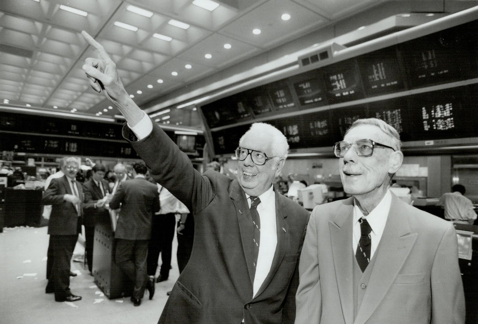 Safety in numbers? Doug Smith, right, who founded the Canadian Association of investment Clubs, and Denys Morphy, now president of the group, stand on the floor of the Toronto Stock Exchange